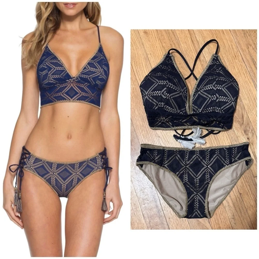 Весса Wanderlust Halter Top (D) and Bikini Bottoms (S) in Black/Tan